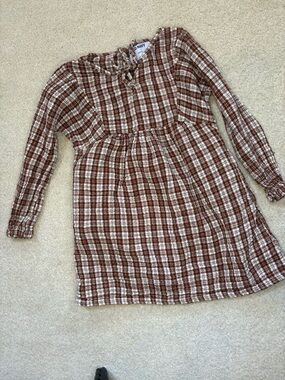 Old Navy Girls Brown and Cream Plaid Long-Sleeve Dress